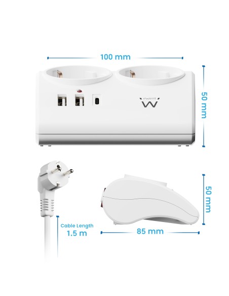 Ewent EW3870 base múltiple 1,5 m 3 salidas AC Interior Blanco