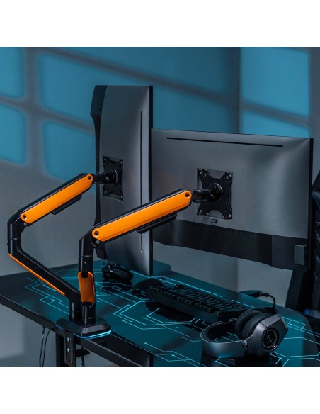 AISENS Soporte de Mesa RGB Gaming contrapeso giratorio e inclinable para Monitor TV 9Kg (3 Pivotes, 2 Brazos) de 17-32, Negro-Na