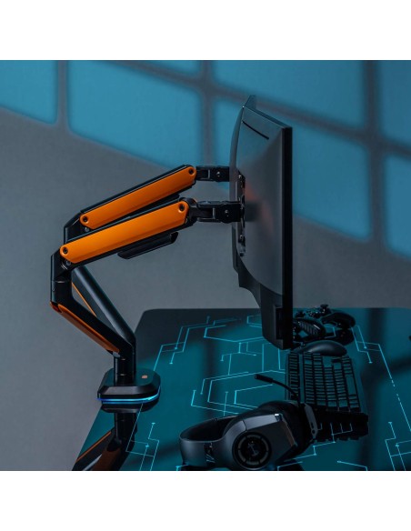 AISENS Soporte de Mesa RGB Gaming contrapeso giratorio e inclinable para Monitor TV 9Kg (3 Pivotes, 2 Brazos) de 17-32, Negro-Na