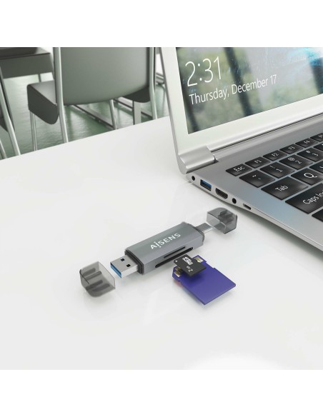 AISENS Lector de Tarjetas SD, Micro SD, MMC, RS-MMC, MMC Micro, USB-A y USB-C, Gris