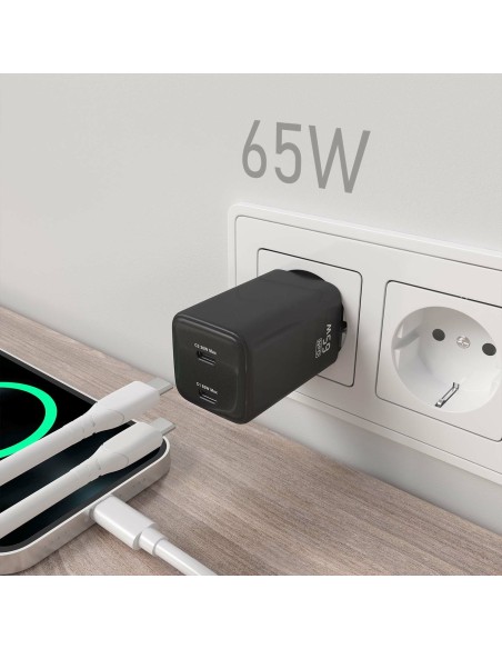 AISENS Cargador Gan 65W, 2xUSB-C PD3.0 QD4.0, Negro