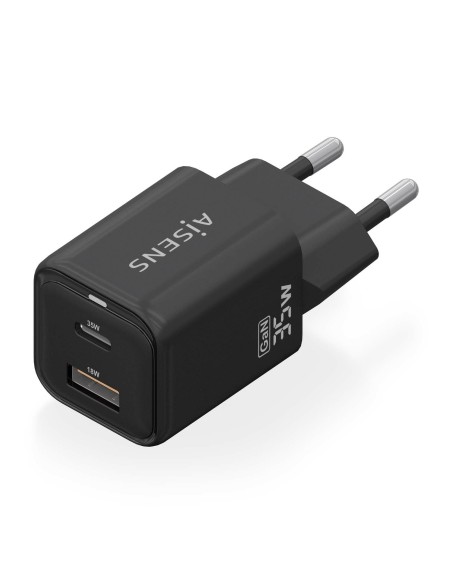 AISENS Cargador Gan 35W, 1xUSB-C PD3.0 QC4.0, 1xUSB-A QC3.0, Negro