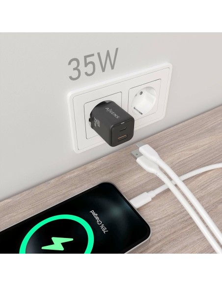 AISENS Cargador Gan 35W, 1xUSB-C PD3.0 QC4.0, 1xUSB-A QC3.0, Negro