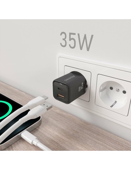 AISENS Cargador Gan 35W, 1xUSB-C PD3.0 QC4.0, 1xUSB-A QC3.0, Negro