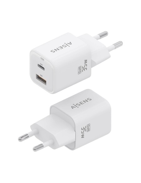 AISENS Cargador Gan 35W, 1xUSB-C PD3.0 QC4.0, 1xUSB-A QC3.0, Blanco