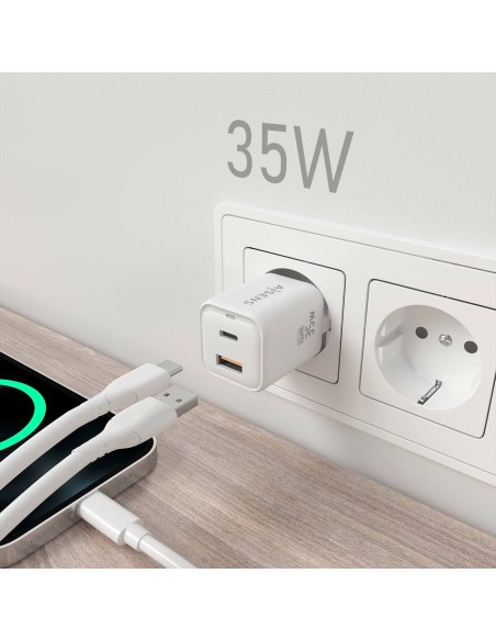 AISENS Cargador Gan 35W, 1xUSB-C PD3.0 QC4.0, 1xUSB-A QC3.0, Blanco