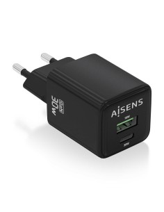 AISENS Cargador Gan 30W, 1xUSB-C PD3.0 QC4.0, 1xUSB-A QC3.0, Negro