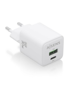 AISENS Cargador Gan 30W, 1xUSB-C PD3.0 QC4.0, 1xUSB-A QC3.0, Blanco