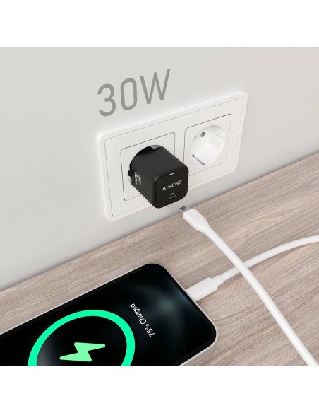 AISENS Cargador Gan 30W, 1xUSB-C PD3.0 QD4.0, Negro