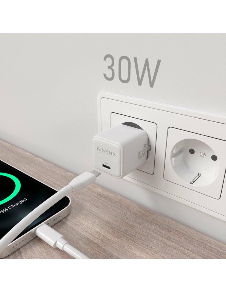 AISENS Cargador Gan 30W, 1xUSB-C PD3.0 QD4.0, Blanco