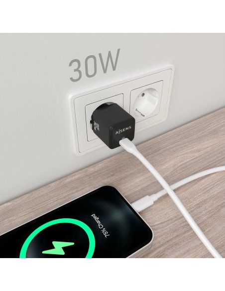 AISENS Cargador Gan 30W, 1xUSB-C PD3.0 QD4.0, Negro