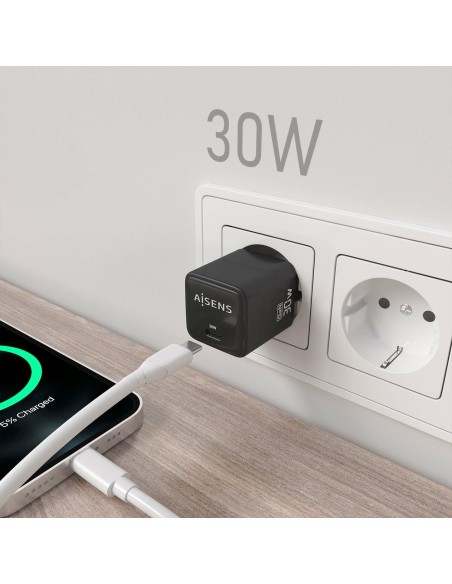 AISENS Cargador Gan 30W, 1xUSB-C PD3.0 QD4.0, Negro