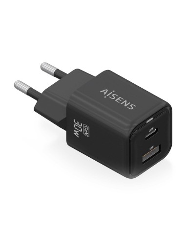AISENS Cargador Gan 30W, 1xUSB-C PD3.0 QC4.0, 1xUSB-A QC3.0, Negro