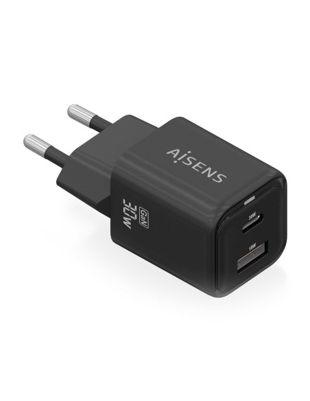 AISENS Cargador Gan 30W, 1xUSB-C PD3.0 QC4.0, 1xUSB-A QC3.0, Negro