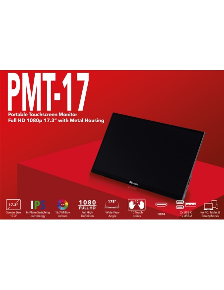 Verbatim 49593 pantalla para PC 43,9 cm (17.3") 1920 x 1080 Pixeles Full HD Pantalla táctil Negro