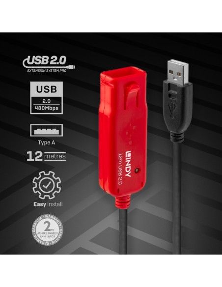 Lindy 42782 cable USB 12 m USB 2.0 USB A Negro