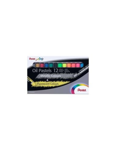 Pentel Oil Pastels Pack de 12 Pasteles Oleo - 6 Metalicos y 6 Fluorescentes - Blandos, Cremosos y de Secado Lento - Colores Meta