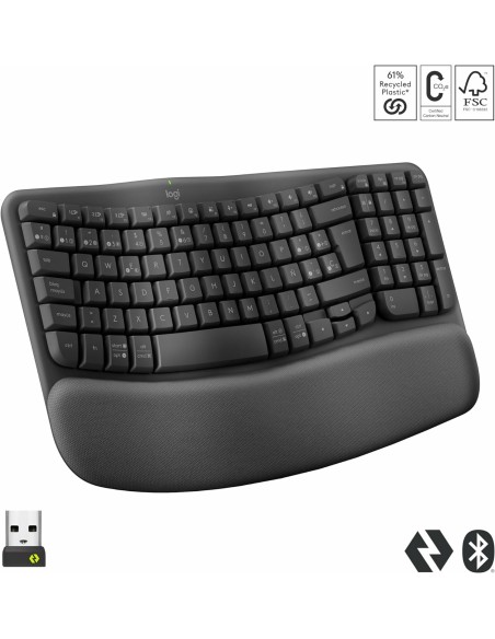 Logitech Wave Keys, teclado ergonómico inalámbrico con reposamanos acolchado, escritura cómoda y natural, Easy-Switch, Bluetooth