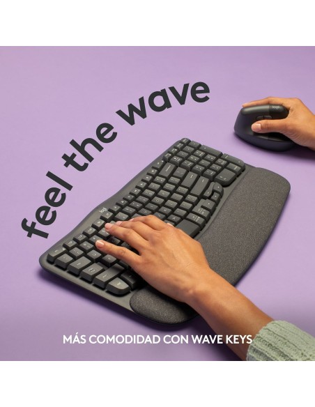 Logitech Wave Keys, teclado ergonómico inalámbrico con reposamanos acolchado, escritura cómoda y natural, Easy-Switch, Bluetooth