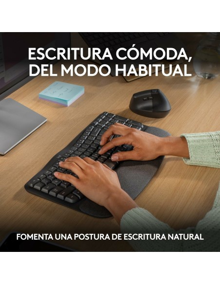 Logitech Wave Keys, teclado ergonómico inalámbrico con reposamanos acolchado, escritura cómoda y natural, Easy-Switch, Bluetooth