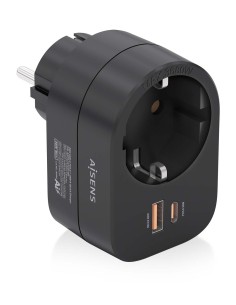 AISENS Regleta De Pared Multifuncion Con 1 Toma + 1xUSB-C 20W PD3.0, 1xUSB-A 20W QC3.0, Negro
