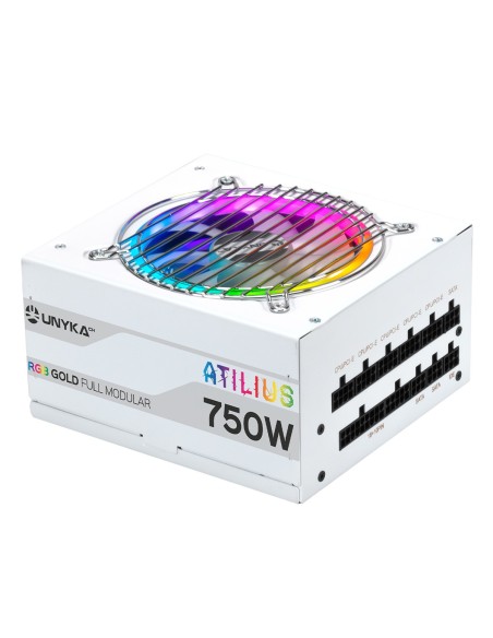 Fuente De Alimentación Unyka Atilius Rgb Atx 750w White Cableado Modular Pfc Activo Eficiencia Energetica 90% Ventilador Rgb