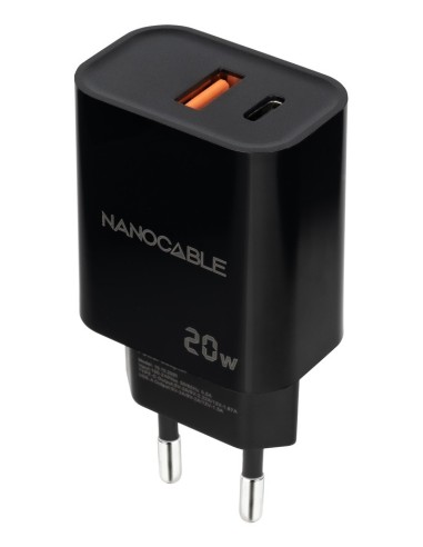 Nanocable Cargador USB-C PD+USB-A QC 20W Negro
