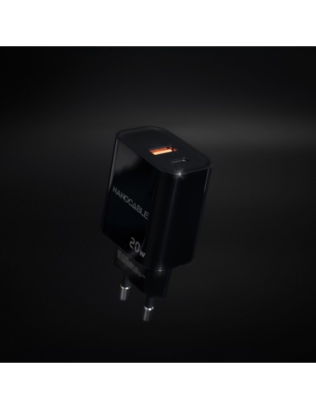 Nanocable Cargador USB-C PD+USB-A QC 20W Negro