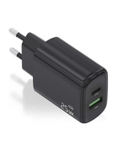 CARGADOR AISENS GAN 25W, 1XUSB-C PD3.0, 1XUSB-A QC3.0, NEGRO