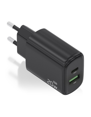 CARGADOR AISENS GAN 20W, 1XUSB-C PD3.0, 1XUSB-A QC3.0, NEGRO