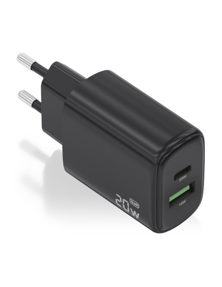 CARGADOR AISENS GAN 20W, 1XUSB-C PD3.0, 1XUSB-A QC3.0, NEGRO