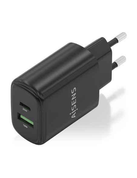 CARGADOR AISENS GAN 20W, 1XUSB-C PD3.0, 1XUSB-A QC3.0, NEGRO