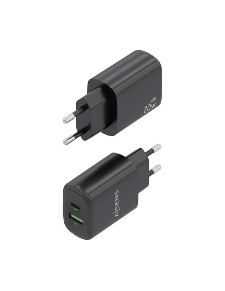 CARGADOR AISENS GAN 20W, 1XUSB-C PD3.0, 1XUSB-A QC3.0, NEGRO