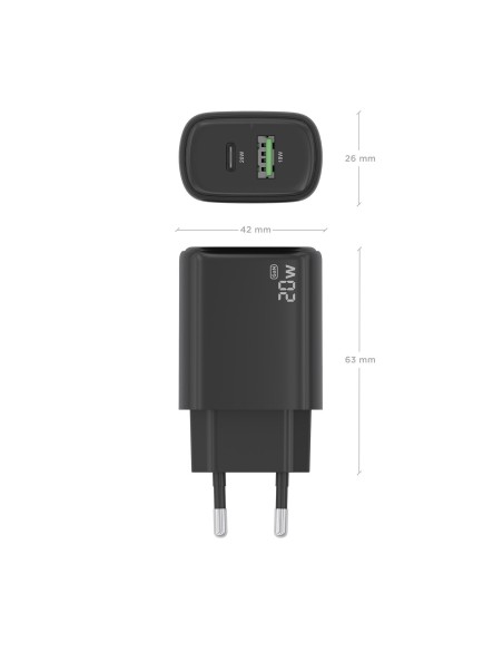 CARGADOR AISENS GAN 20W, 1XUSB-C PD3.0, 1XUSB-A QC3.0, NEGRO