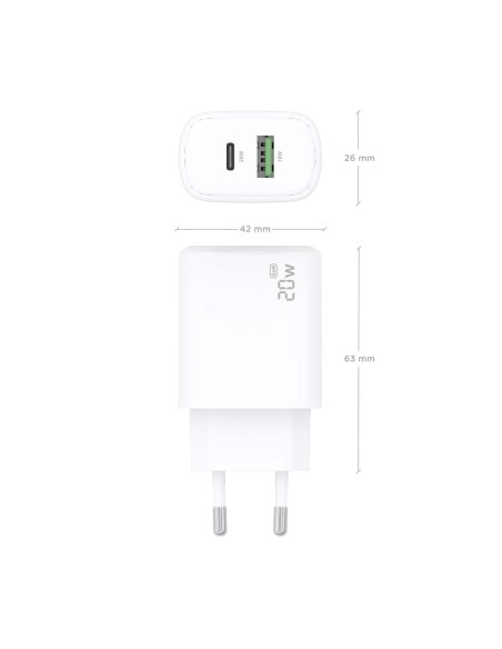 CARGADOR AISENS GAN 20W, 1XUSB-C PD3.0, 1XUSB-A QC3.0, BLANCO