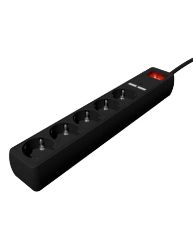 REGLETA CON CARGADOR USB, 5 ENCHUFES, 1.5 M, USB 2A, COLOR NEGRO