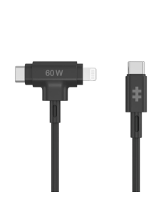 HYPER SILICONE USB-C TO USB-C AND LIGHTNING HYBRID 60W CABLE - BLACK