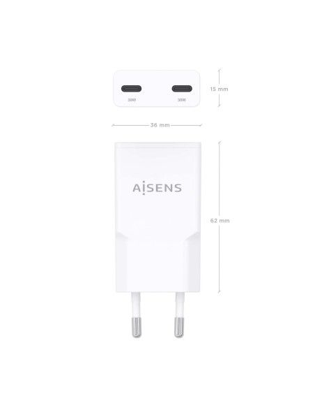 CARGADOR AISENS GAN ULTRA DELGADO 30W 2XUSB-C PD3.0 QC4.0 BLANCO