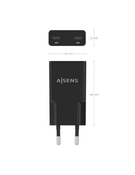CARGADOR AISENS GAN ULTRA DELGADO 30W 2XUSB-C PD3.0 QC4.0 NEGRO