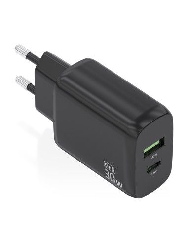 CARGADOR AISENS GAN 30W, 1XUSB-C PD3.0 QC4.0, 1XUSB-A QC3.0, NEGRO