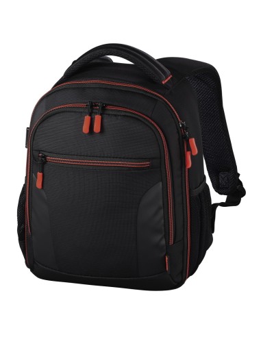 Hama | Mochila para equipo fotográfico, Funda tipo mochila para cámara réflex, compartimientos extraíbles, color negro y rojo