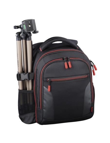 Hama | Mochila para equipo fotográfico, Funda tipo mochila para cámara réflex, compartimientos extraíbles, color negro y rojo