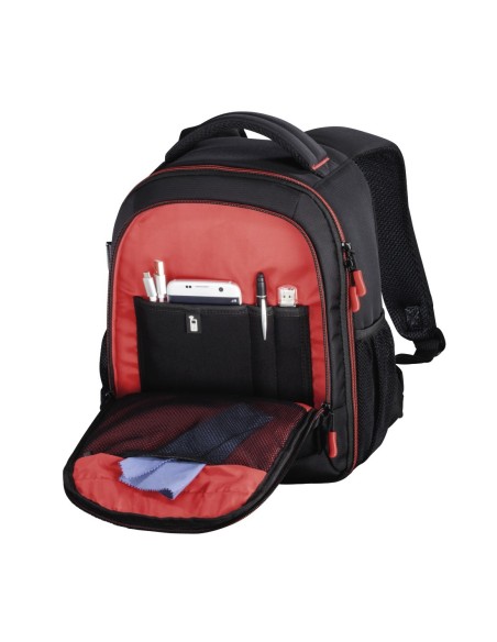 Hama | Mochila para equipo fotográfico, Funda tipo mochila para cámara réflex, compartimientos extraíbles, color negro y rojo