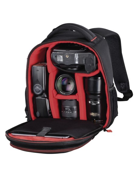 Hama | Mochila para equipo fotográfico, Funda tipo mochila para cámara réflex, compartimientos extraíbles, color negro y rojo