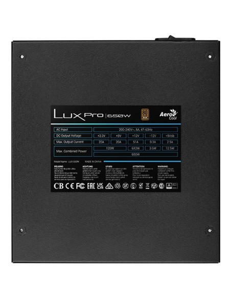 Fuente De Alimentacion Aerocool Lux Pro 650w Certificado 80 Plus Bronze Pfc Activo Vent. 14x14mm