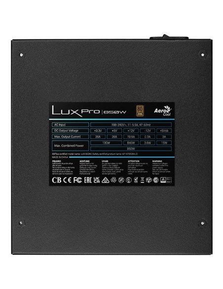 Fuente De Alimentacion Aerocool Lux Pro 850w Atx 3,0 Certificado 80 Plus Bronze Pfc Activo Vent.14cm