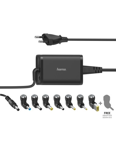 HAMA  Cargador universal portátil, con 7 adaptadores, de 15-19V 65W, Enchufe Europeo, Color negro