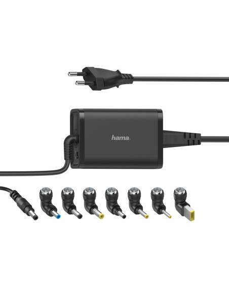 HAMA  Cargador universal portátil, con 7 adaptadores, de 15-19V 65W, Enchufe Europeo, Color negro