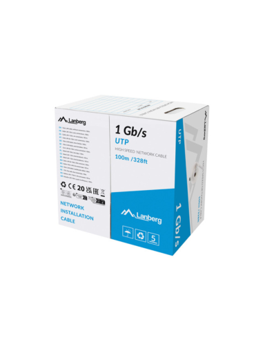BOBINA CABLE RED LANBERG UTP RJ45 1GB/S SOLIDO CCA AWG23 100M GRIS