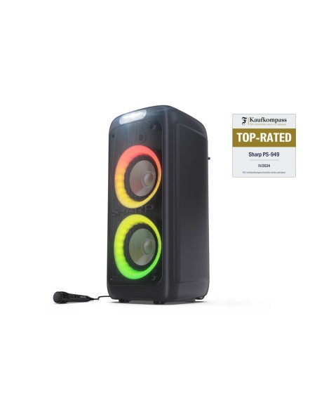 SHARP PS 949 FUNCIÓN KARAOKE MICROFONO INCLUIDO C ON TWS BLUETOOTH UEBX2 2X6,33MM LUCES MULTICOLOR Y ESTROBOSCÓPICA POTENCIA 132